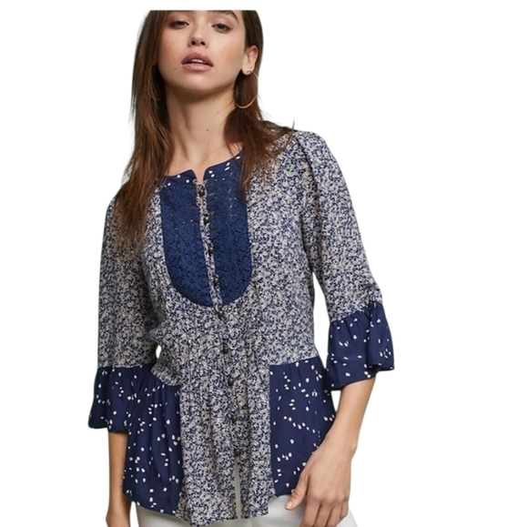 Maeve Anthropologie Hiver Blue Lace Panel 3/4 Boho Flare Sleeve Peasant Blouse 2 - Picture 9 of 9